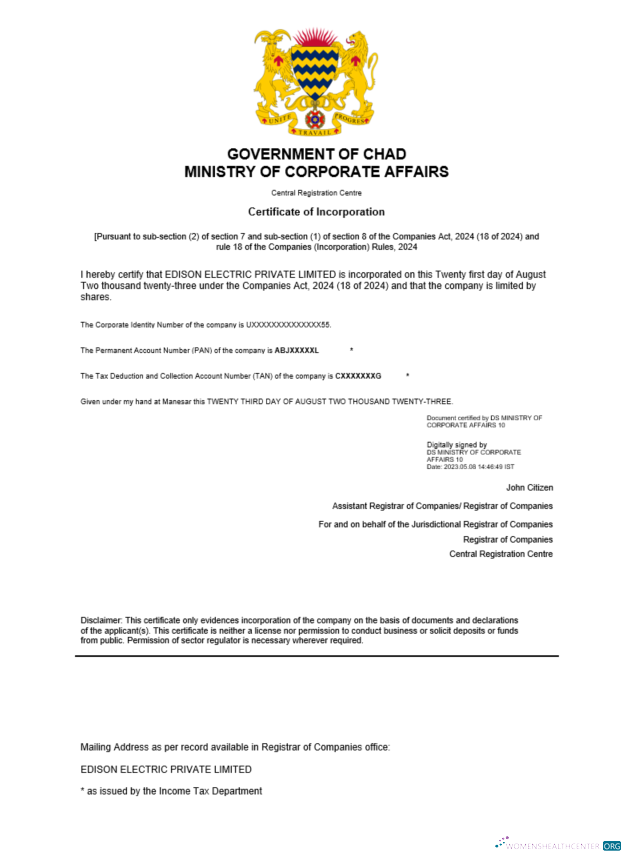 Download Chad certificate of registration Word and PDF template Photoshop template